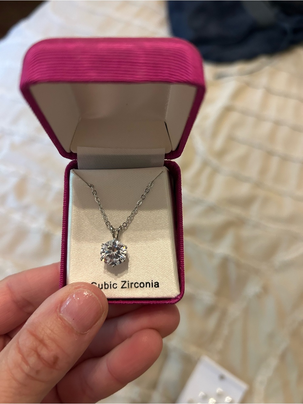 Source Unknown Silver-Tone Cubic Zirconia Pendant Necklace with Pink Box